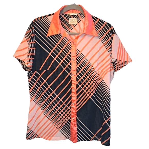 Full Fusion Tops - Full Fusion Collared Button Down Patterned Silky Blouse Plus Size XXL
